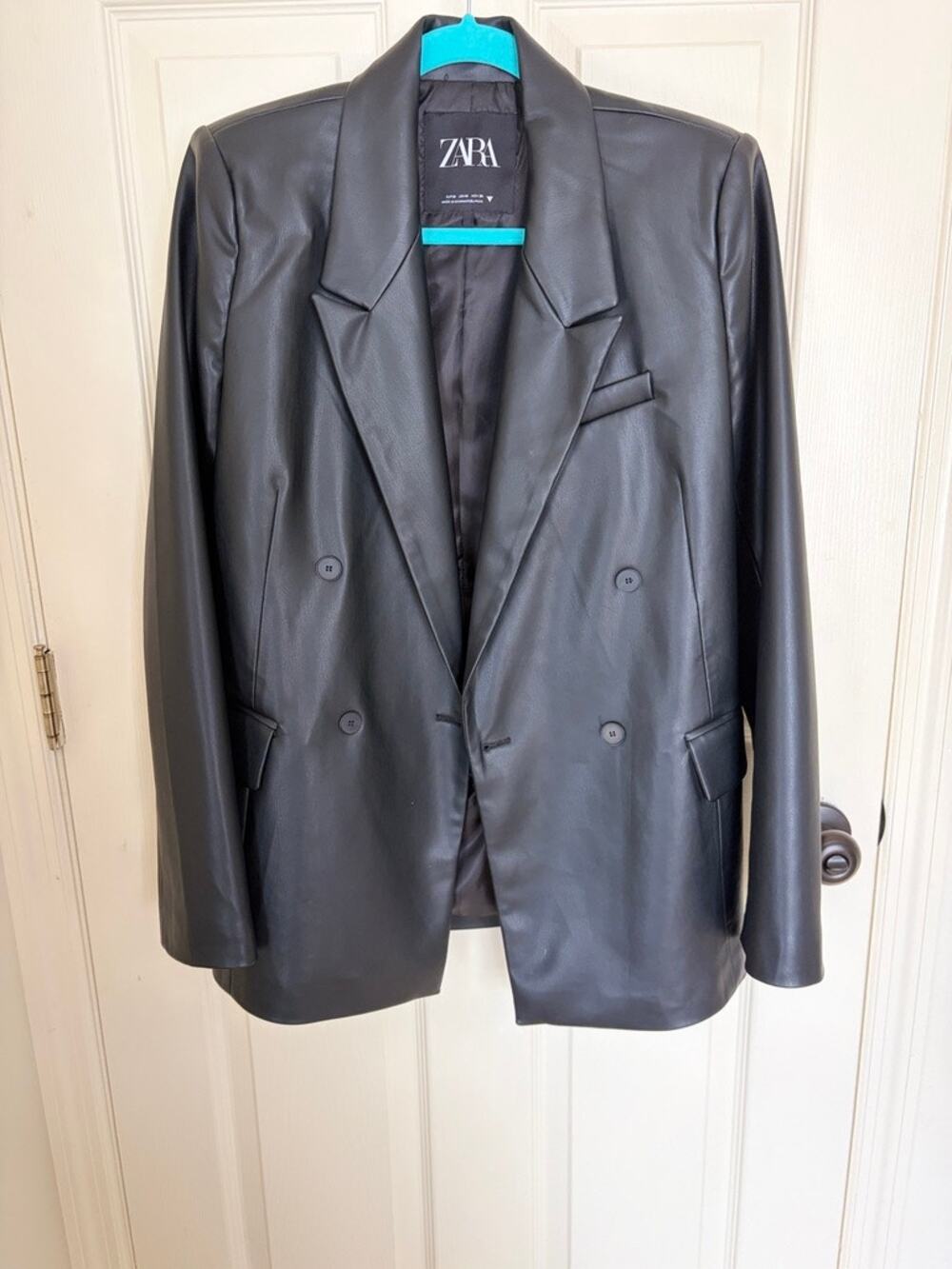 Zara Black Faux Leather Double Breasted Blazer Size M